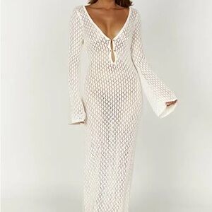 Meshki Kayleigh Crochet Fishtail Flare Sleeve Maxi Dress - White - XXS